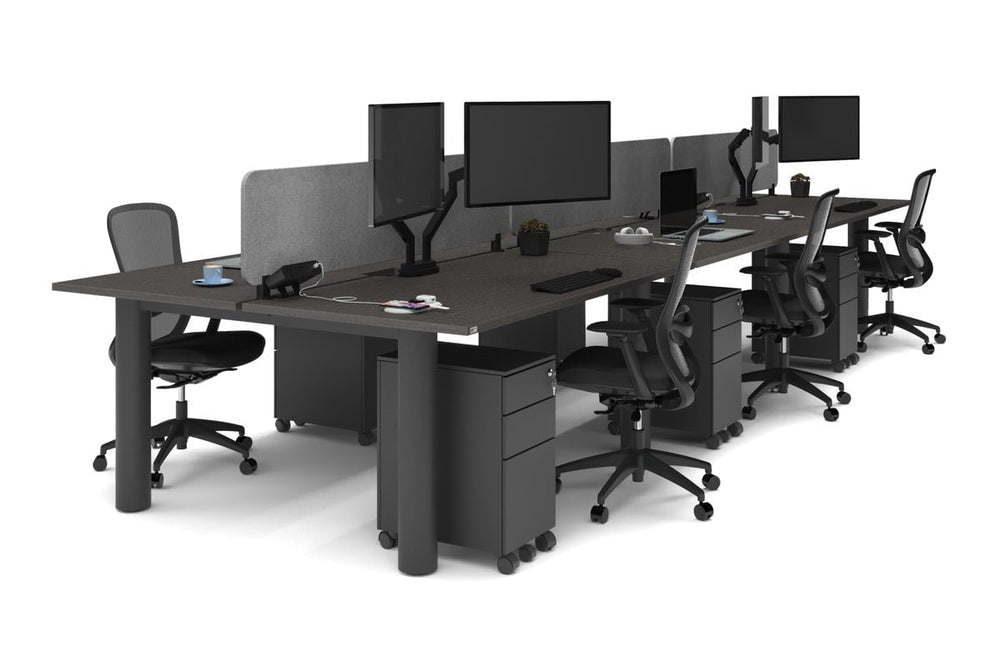 Quadro Cylinder Leg 6 Person Office Workstations [1600L x 800W with Cable Scallop]-black leg dark oak light grey acoustic panel (400H x 1600W)