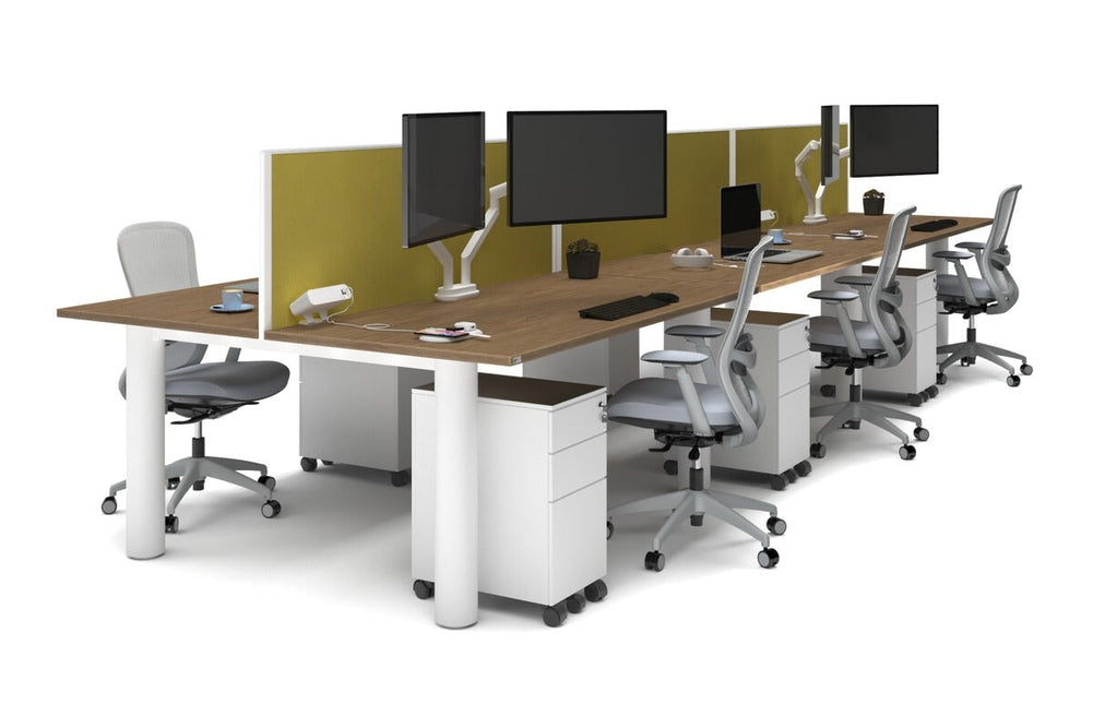 Quadro Cylinder Leg 6 Person Office Workstations [1600L x 800W with Cable Scallop]-white leg salvage oak mustard yellow (500H x 1600W)