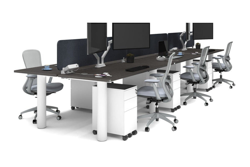 Quadro Cylinder Leg 6 Person Office Workstations [1800L x 700W]-white leg dark oak dark grey acoustic panel (400H x 1600W)