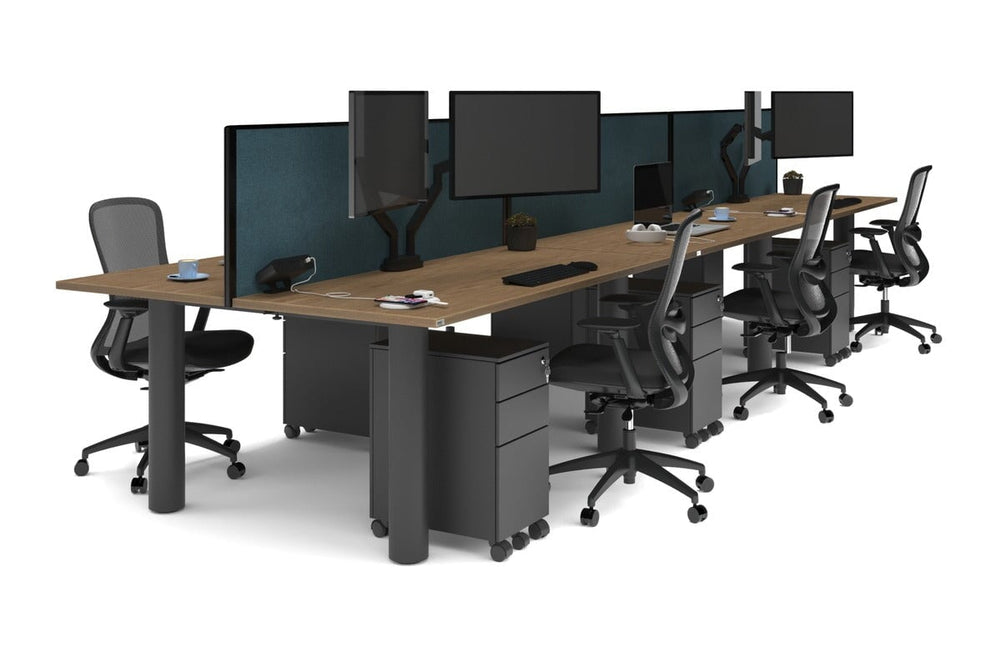 Quadro Cylinder Leg 6 Person Office Workstations [1800L x 700W]-black leg salvage oak deep blue (500H x 1800W)