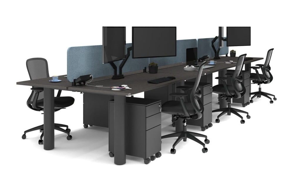 Quadro Cylinder Leg 6 Person Office Workstations [1800L x 700W]-black leg dark oak blue acoustic panel (400H x 1600W)
