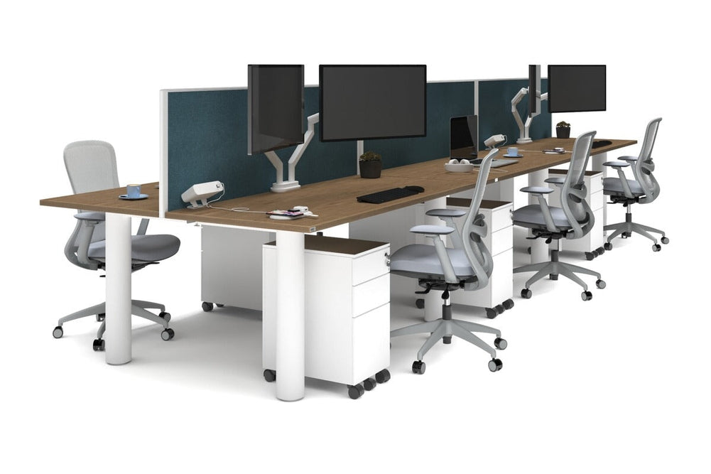 Quadro Cylinder Leg 6 Person Office Workstations [1800L x 700W]-white leg salvage oak deep blue (500H x 1800W)