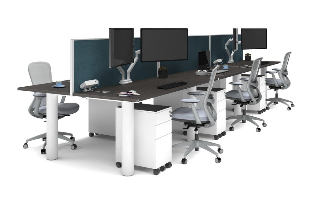 Quadro Cylinder Leg 6 Person Office Workstations [1800L x 700W]-white leg dark oak deep blue (500H x 1800W)