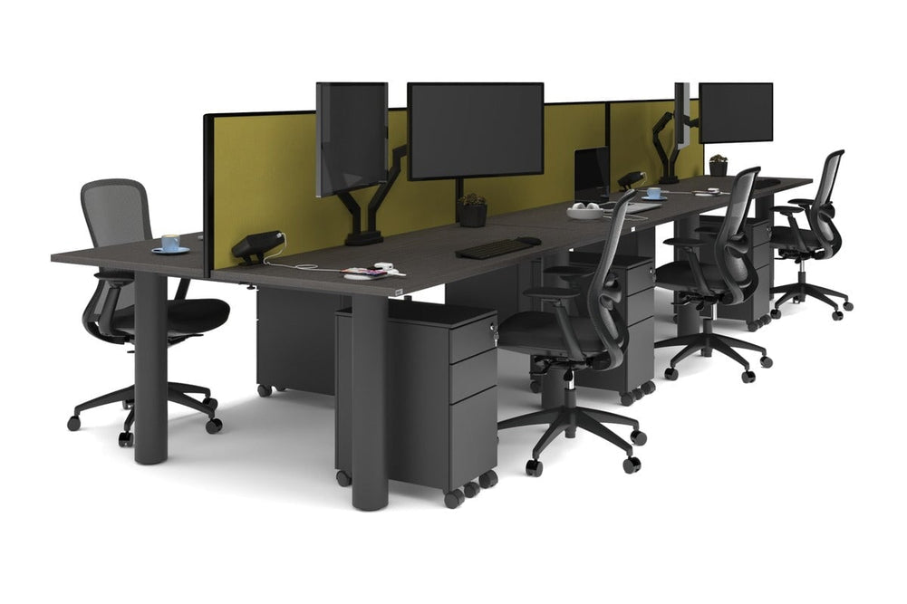 Quadro Cylinder Leg 6 Person Office Workstations [1800L x 700W]-black leg dark oak mustard yellow (500H x 1800W)