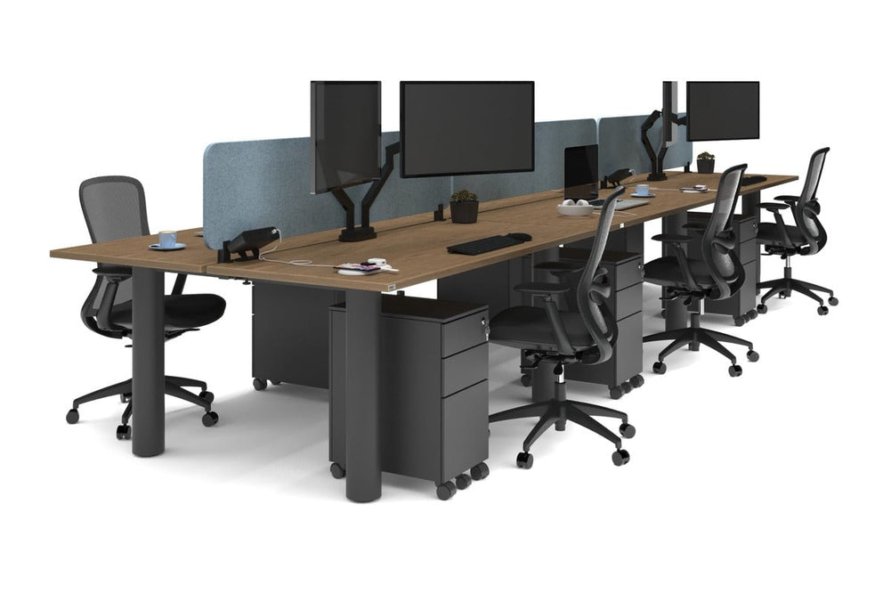 Quadro Cylinder Leg 6 Person Office Workstations [1800L x 700W]-black leg salvage oak blue acoustic panel (400H x 1600W)