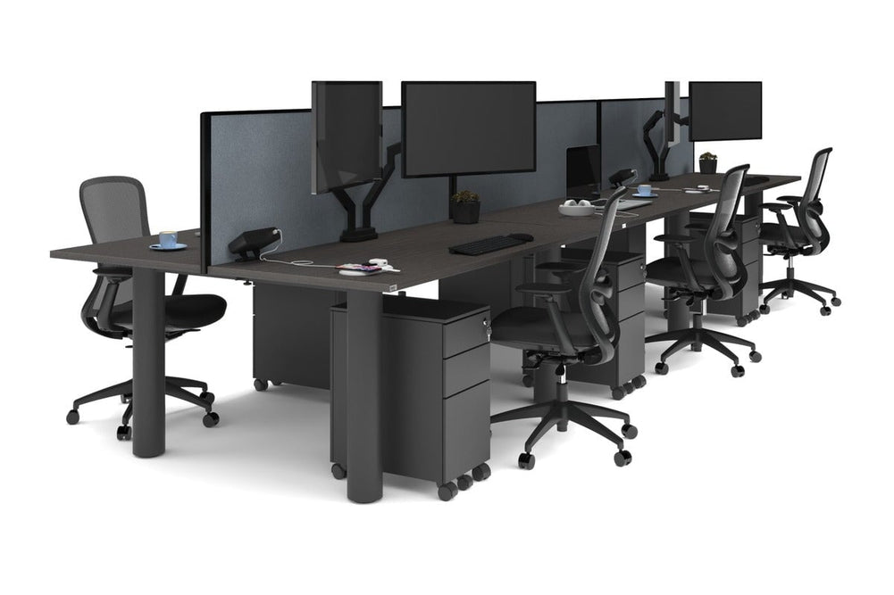 Quadro Cylinder Leg 6 Person Office Workstations [1800L x 700W]-black leg dark oak cool grey (500H x 1800W)