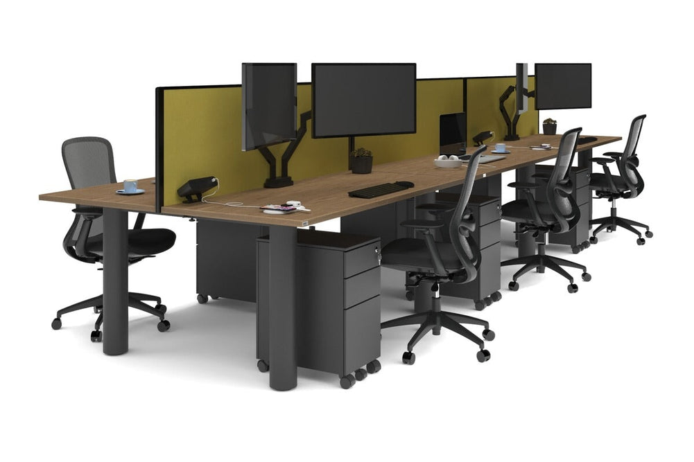 Quadro Cylinder Leg 6 Person Office Workstations [1800L x 700W]-black leg salvage oak mustard yellow (500H x 1800W)