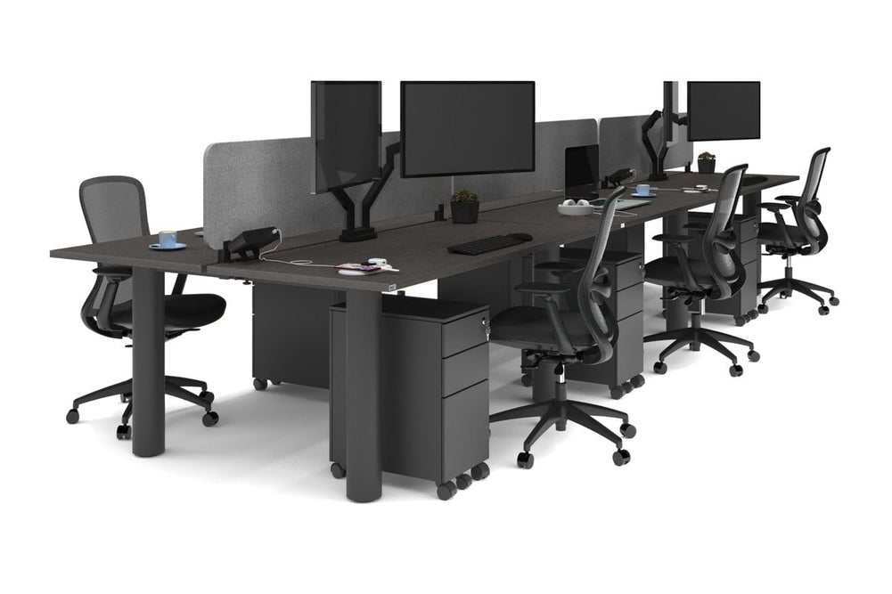 Quadro Cylinder Leg 6 Person Office Workstations [1800L x 700W]-black leg dark oak light grey acoustic panel (400H x 1600W)