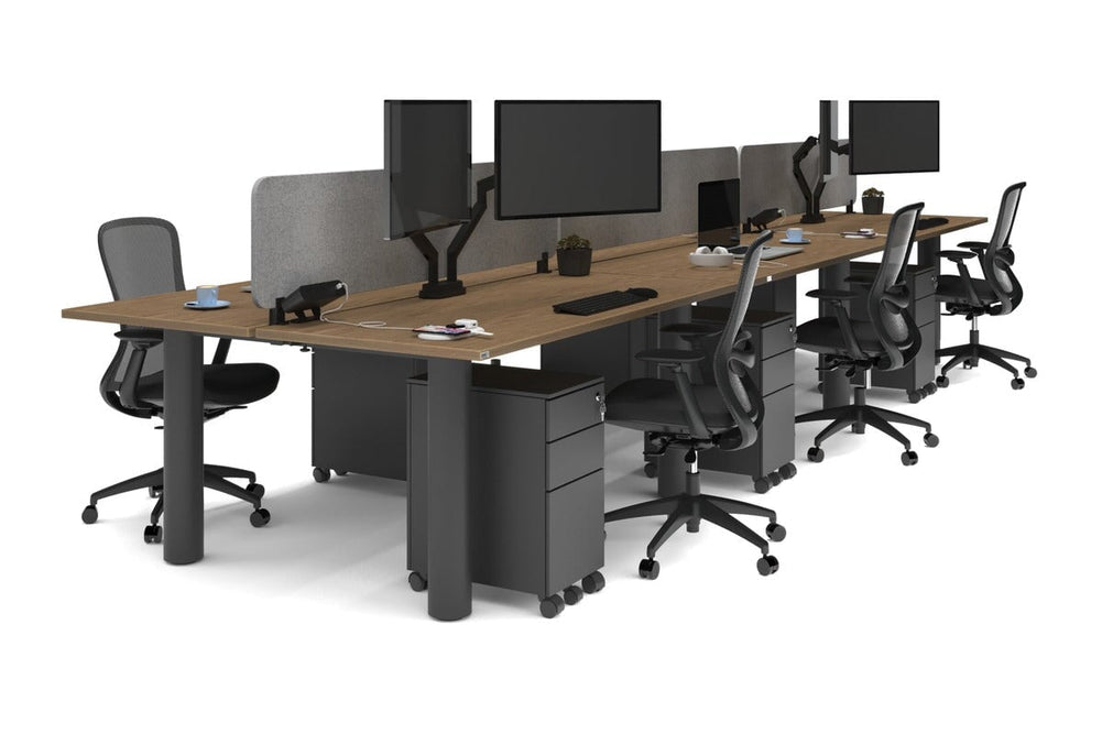 Quadro Cylinder Leg 6 Person Office Workstations [1800L x 700W]-black leg salvage oak light grey acoustic panel (400H x 1600W)