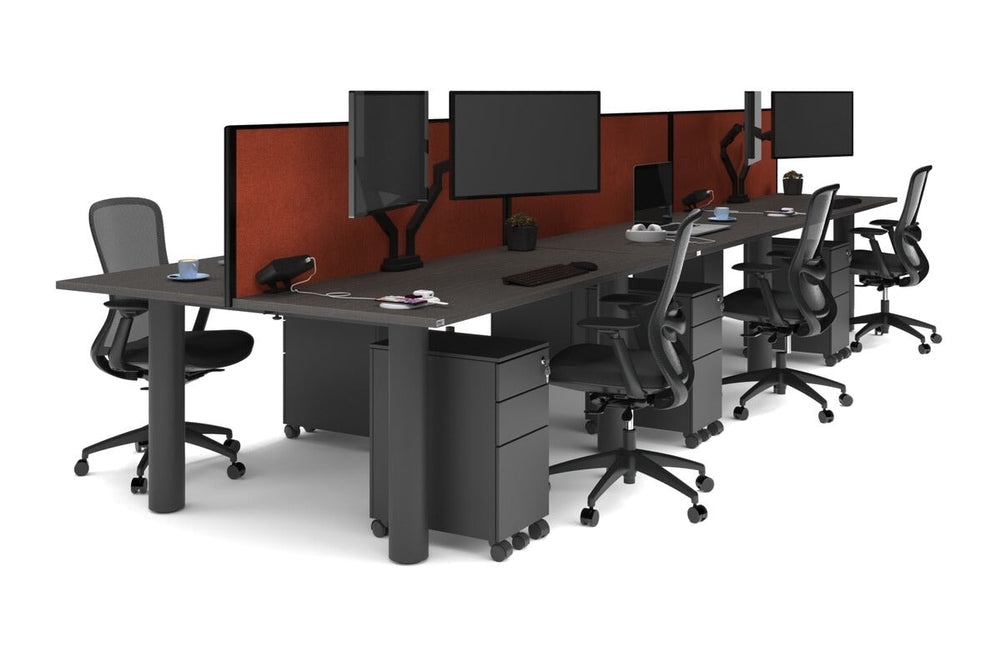 Quadro Cylinder Leg 6 Person Office Workstations [1800L x 700W]-black leg dark oak orange squash (500H x 1800W)