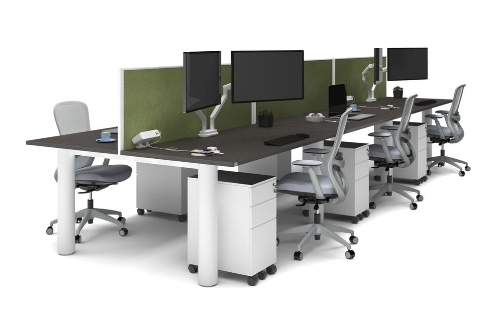 Quadro Cylinder Leg 6 Person Office Workstations [1800L x 800W with Cable Scallop]-white leg dark oak green moss (500H x 1800W)