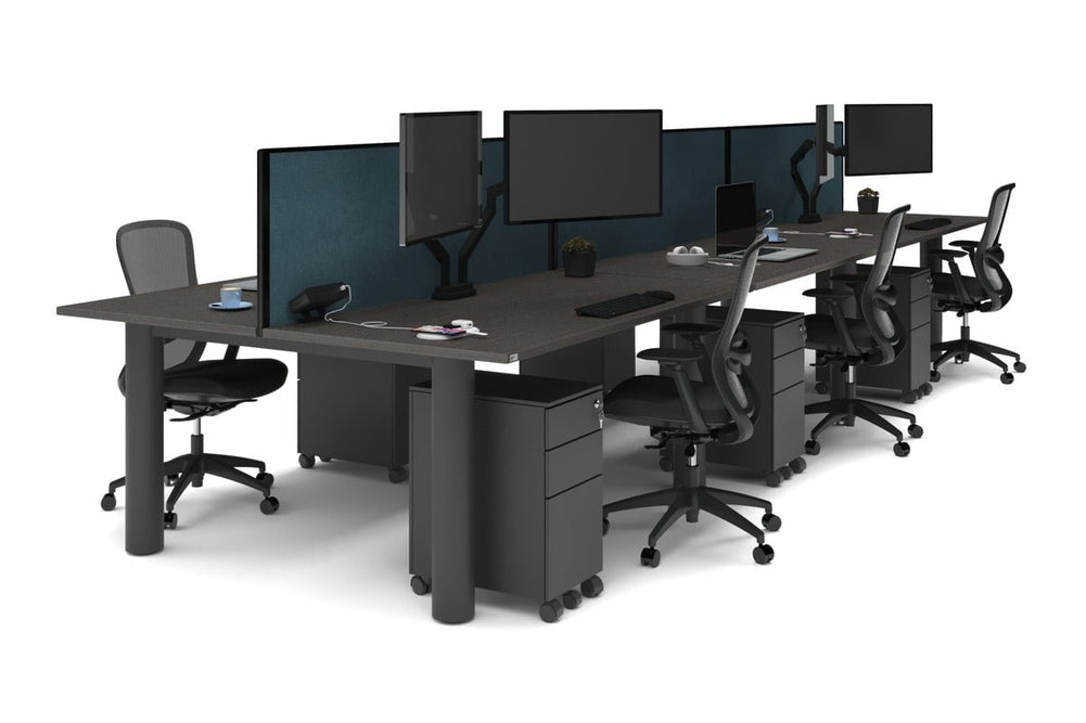 Quadro Cylinder Leg 6 Person Office Workstations [1800L x 800W with Cable Scallop]-black leg dark oak deep blue (500H x 1800W)