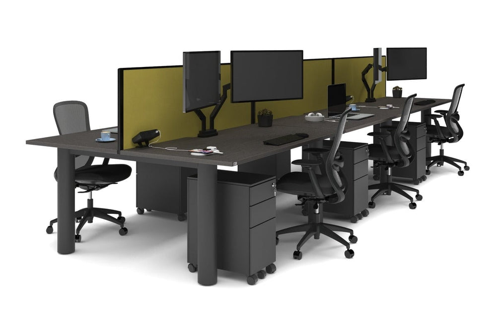 Quadro Cylinder Leg 6 Person Office Workstations [1800L x 800W with Cable Scallop]-black leg dark oak mustard yellow (500H x 1800W)