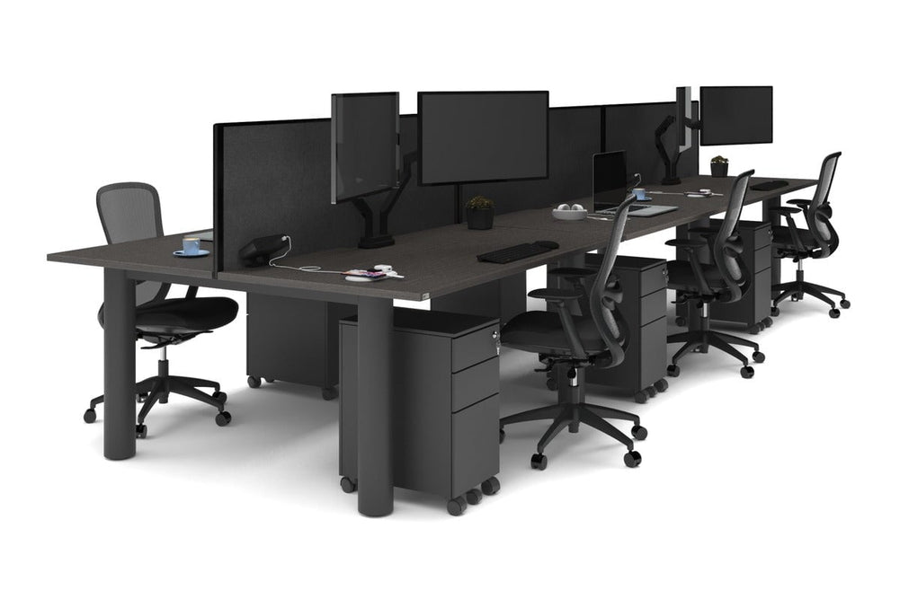Quadro Cylinder Leg 6 Person Office Workstations [1800L x 800W with Cable Scallop]-black leg dark oak moody charcoal (500H x 1800W)