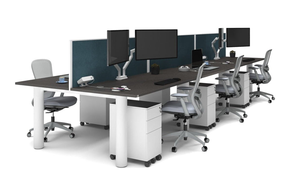 Quadro Cylinder Leg 6 Person Office Workstations [1800L x 800W with Cable Scallop]-white leg dark oak deep blue (500H x 1800W)