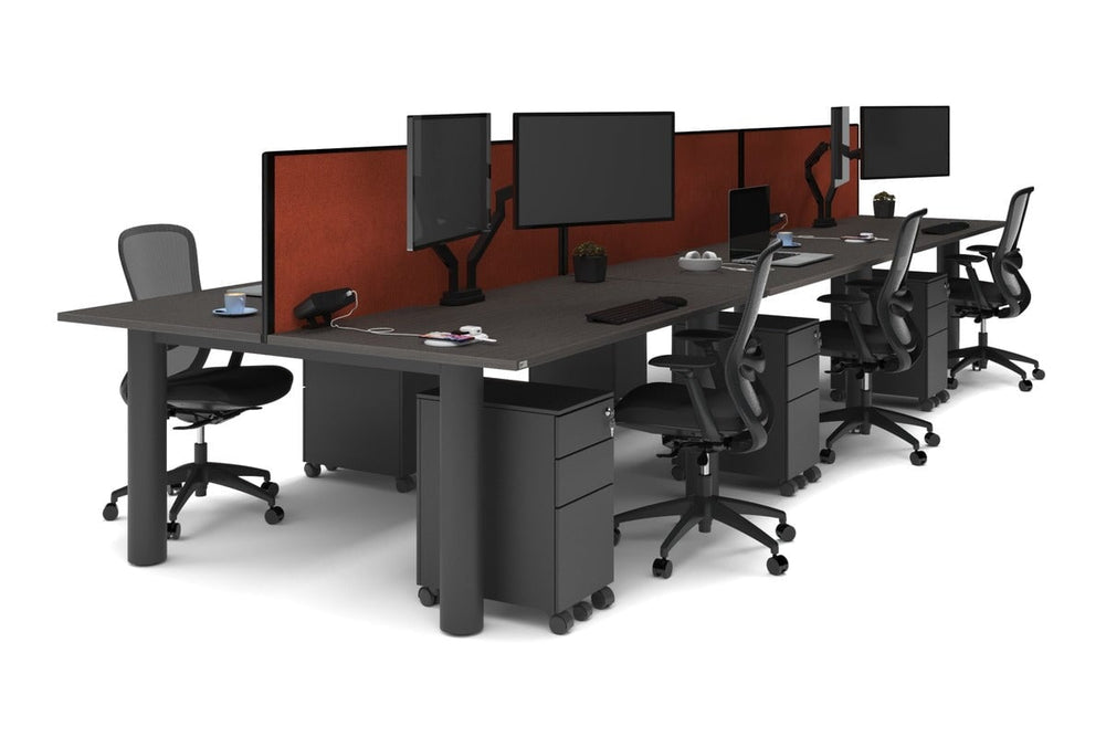 Quadro Cylinder Leg 6 Person Office Workstations [1800L x 800W with Cable Scallop]-black leg dark oak orange squash (500H x 1800W)