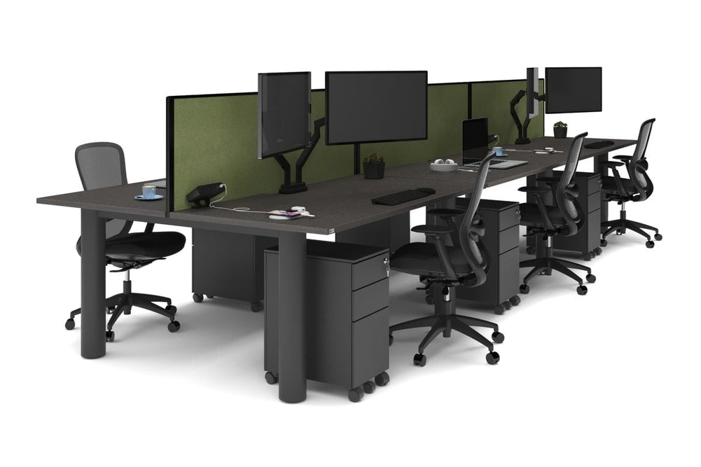 Quadro Cylinder Leg 6 Person Office Workstations [1800L x 800W with Cable Scallop]-black leg dark oak green moss (500H x 1800W)