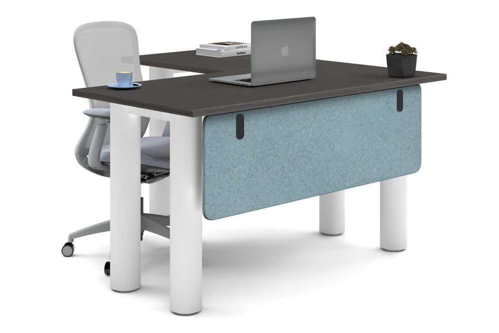 Quadro Cylinder Leg - L Shaped Corner Office Desk  [1400L x 1450W]-white leg dark oak blue acoustic modesty panel (350H x 1200W)