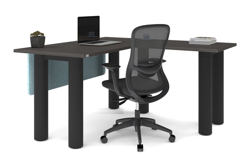 Quadro Cylinder Leg - L Shaped Corner Office Desk  [1400L x 1450W]-black leg dark oak metal modesty panel