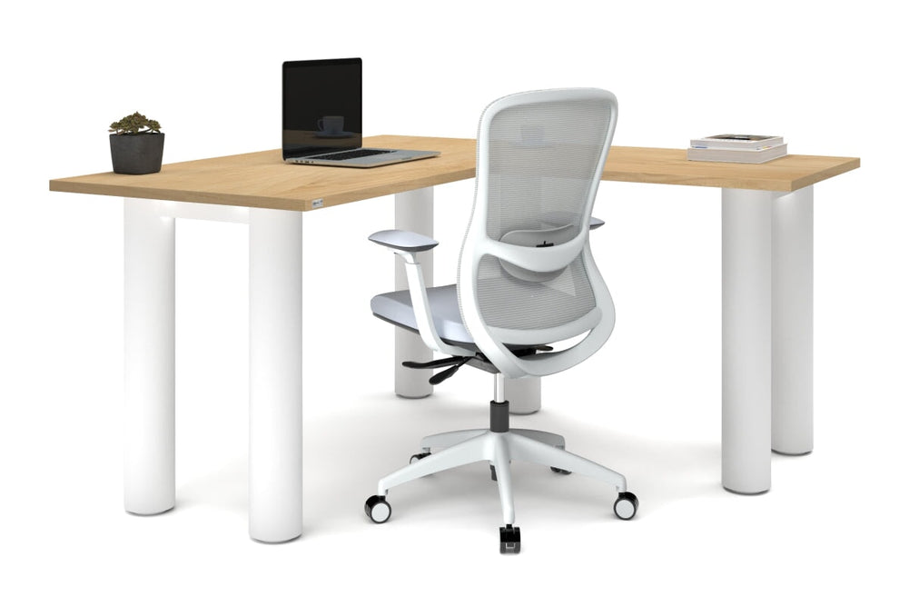 Quadro Cylinder Leg - L Shaped Corner Office Desk  [1400L x 1450W]-black leg dark oak metal modesty panel