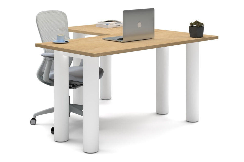 Quadro Cylinder Leg - L Shaped Corner Office Desk  [1400L x 1450W]-white leg maple none