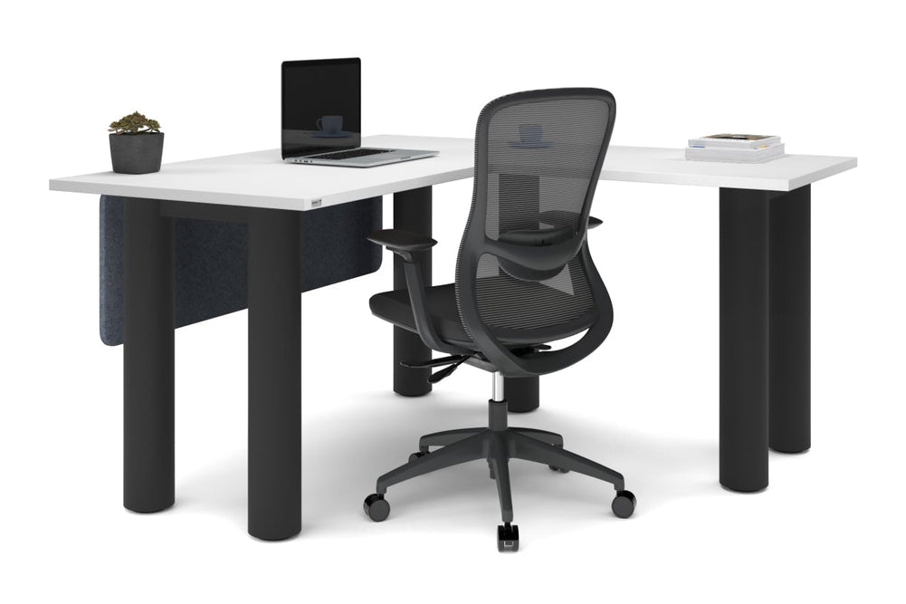 Quadro Cylinder Leg - L Shaped Corner Office Desk  [1400L x 1450W]-black leg dark oak metal modesty panel