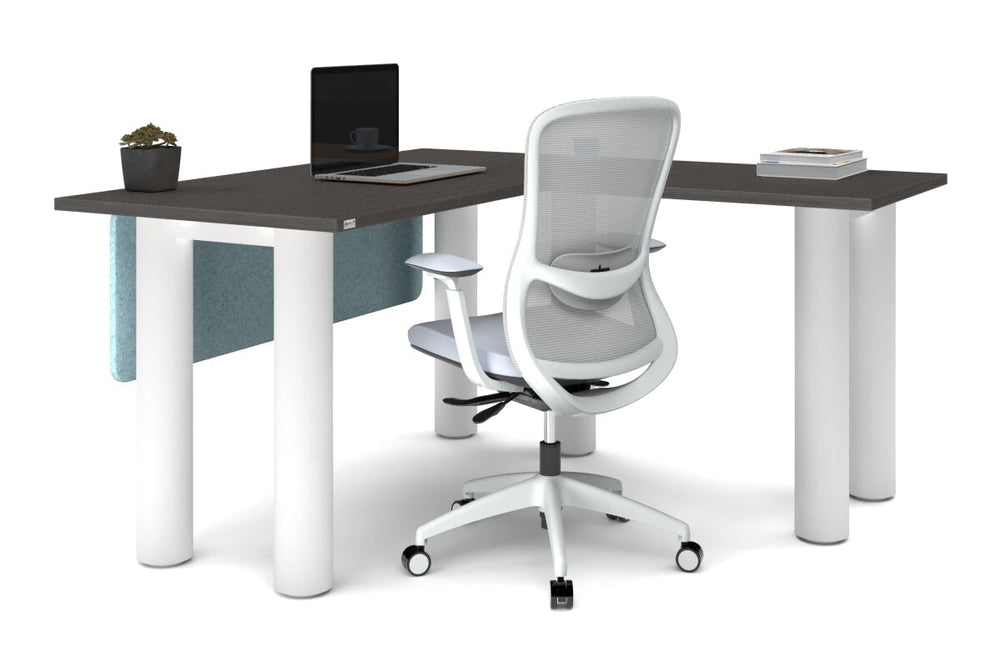 Quadro Cylinder Leg - L Shaped Corner Office Desk  [1400L x 1450W]-black leg dark oak metal modesty panel