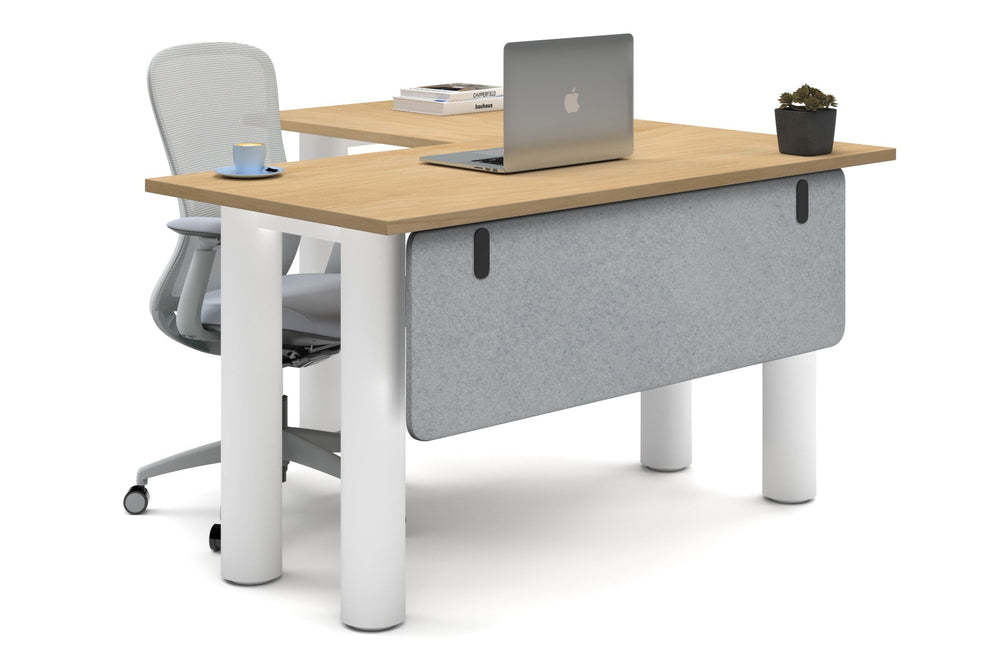 Quadro Cylinder Leg - L Shaped Corner Office Desk  [1400L x 1450W]-white leg maple light grey acoustic modesty panel (350H x 1200W)
