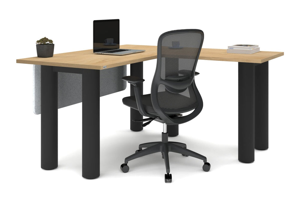 Quadro Cylinder Leg - L Shaped Corner Office Desk  [1400L x 1450W]-black leg dark oak metal modesty panel