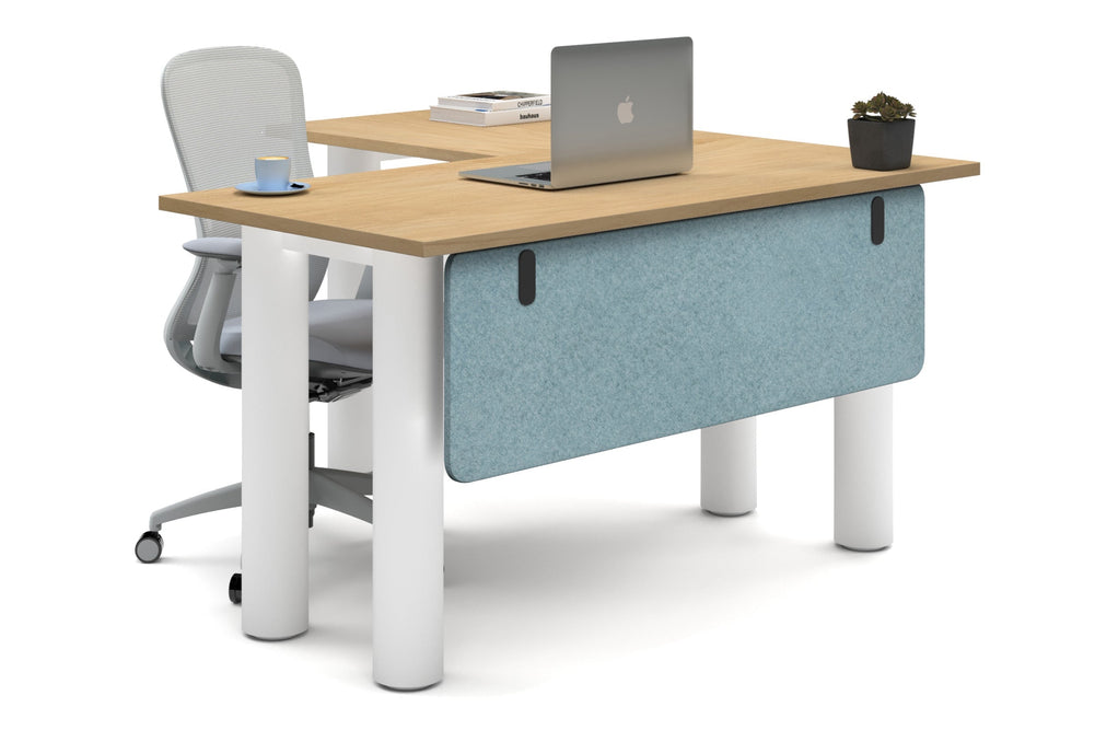 Quadro Cylinder Leg - L Shaped Corner Office Desk  [1400L x 1450W]-white leg maple blue acoustic modesty panel (350H x 1200W)