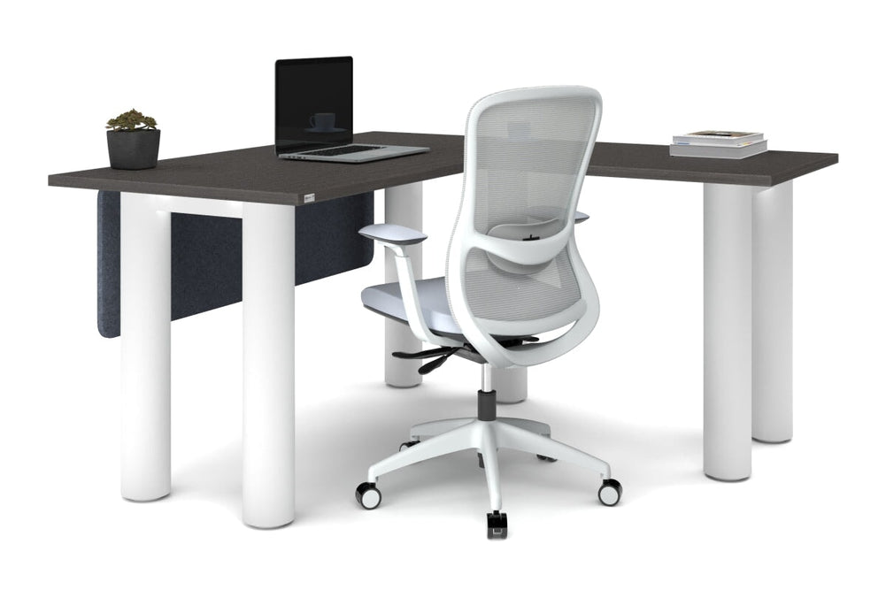 Quadro Cylinder Leg - L Shaped Corner Office Desk  [1400L x 1450W]-black leg dark oak metal modesty panel