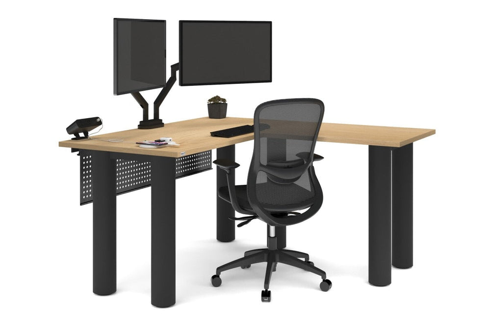 Quadro Cylinder Leg - L Shaped Corner Office Desk  [1400L x 1450W]-black leg dark oak metal modesty panel