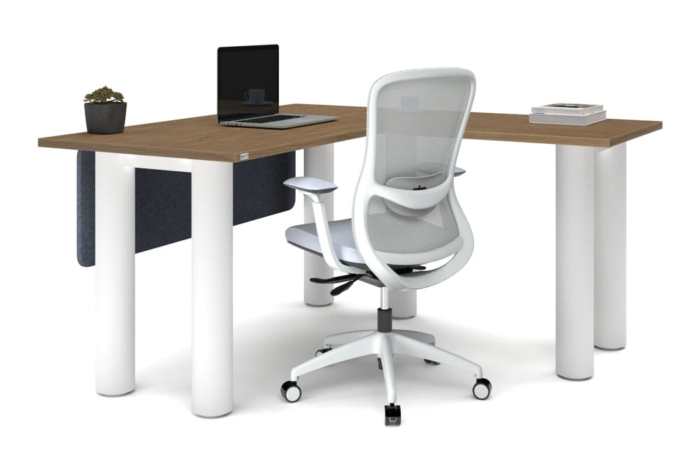 Quadro Cylinder Leg - L Shaped Corner Office Desk  [1400L x 1450W]-black leg dark oak metal modesty panel