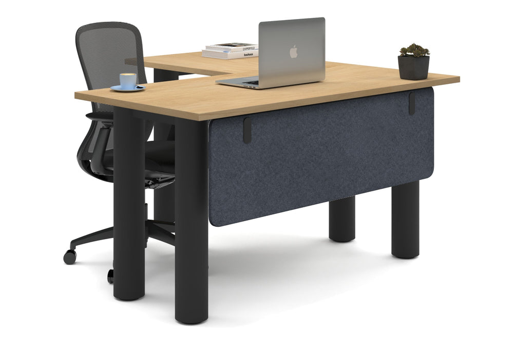 Quadro Cylinder Leg - L Shaped Corner Office Desk  [1400L x 1450W]-black leg maple dark grey acoustic modesty panel (350H x 1200W)