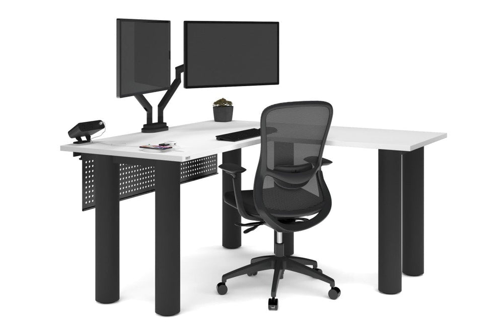 Quadro Cylinder Leg - L Shaped Corner Office Desk  [1400L x 1450W]-black leg dark oak metal modesty panel