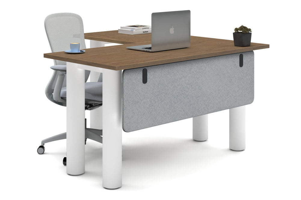 Quadro Cylinder Leg - L Shaped Corner Office Desk  [1400L x 1450W]-white leg salvage oak light grey acoustic modesty panel (350H x 1200W)