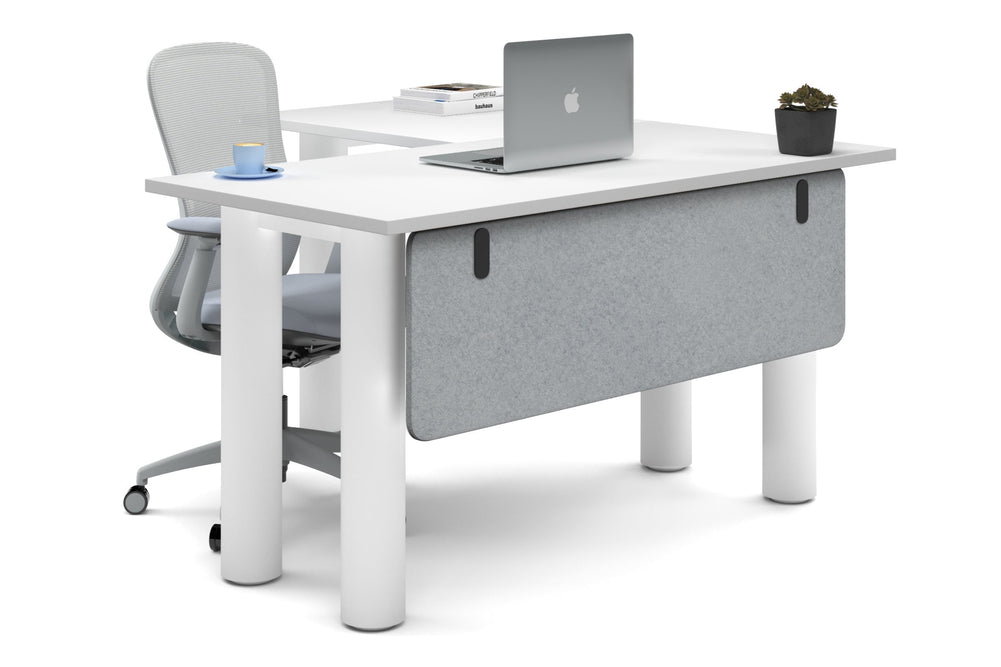 Quadro Cylinder Leg - L Shaped Corner Office Desk  [1400L x 1450W]-white leg white light grey acoustic modesty panel (350H x 1200W)
