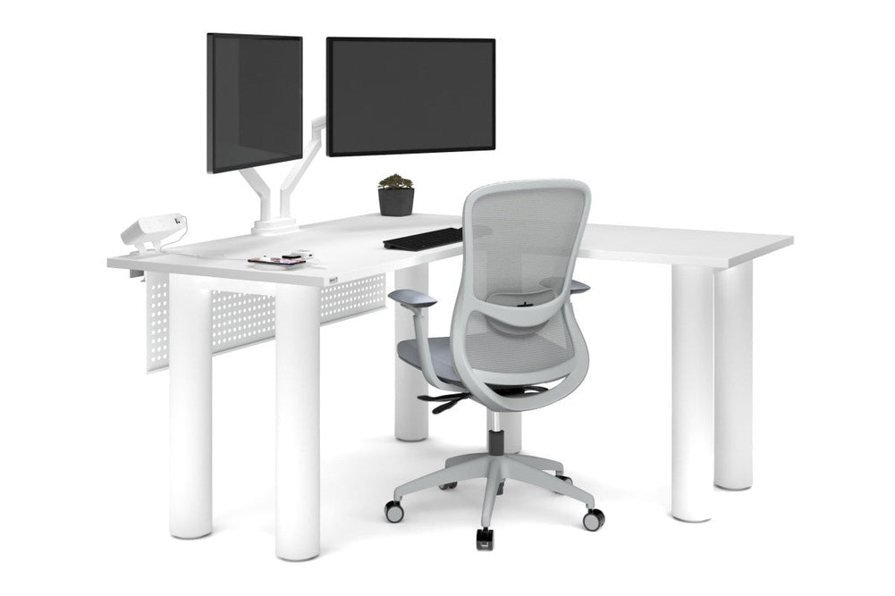 Quadro Cylinder Leg - L Shaped Corner Office Desk  [1400L x 1450W]-black leg dark oak metal modesty panel