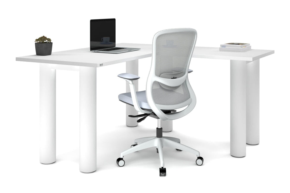 Quadro Cylinder Leg - L Shaped Corner Office Desk  [1400L x 1450W]-black leg dark oak metal modesty panel