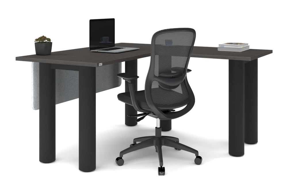 Quadro Cylinder Leg - L Shaped Corner Office Desk  [1400L x 1450W]-black leg dark oak metal modesty panel