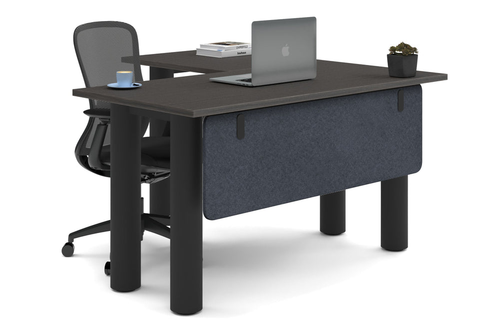 Quadro Cylinder Leg - L Shaped Corner Office Desk  [1400L x 1450W]-black leg dark oak dark grey acoustic modesty panel (350H x 1200W)