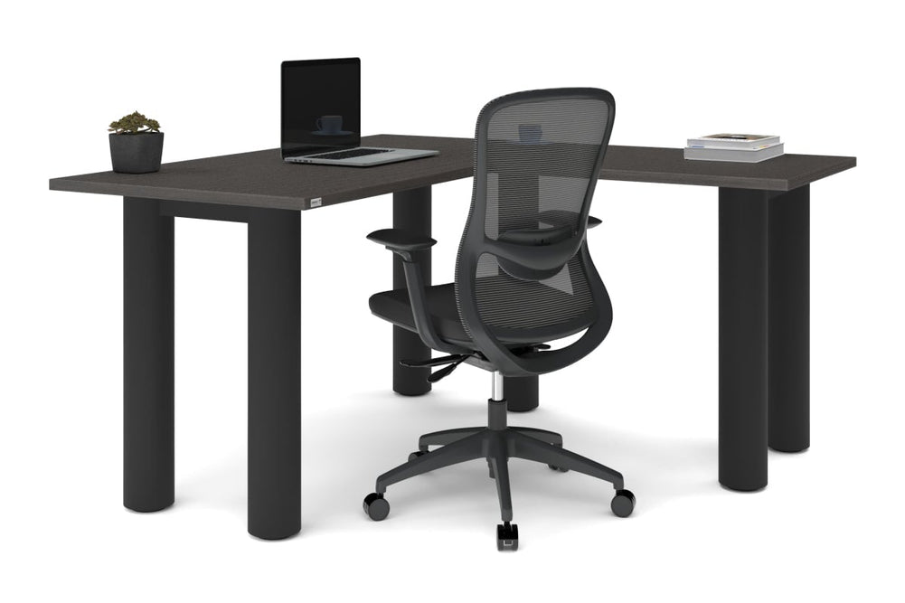 Quadro Cylinder Leg - L Shaped Corner Office Desk  [1400L x 1450W]-black leg dark oak metal modesty panel
