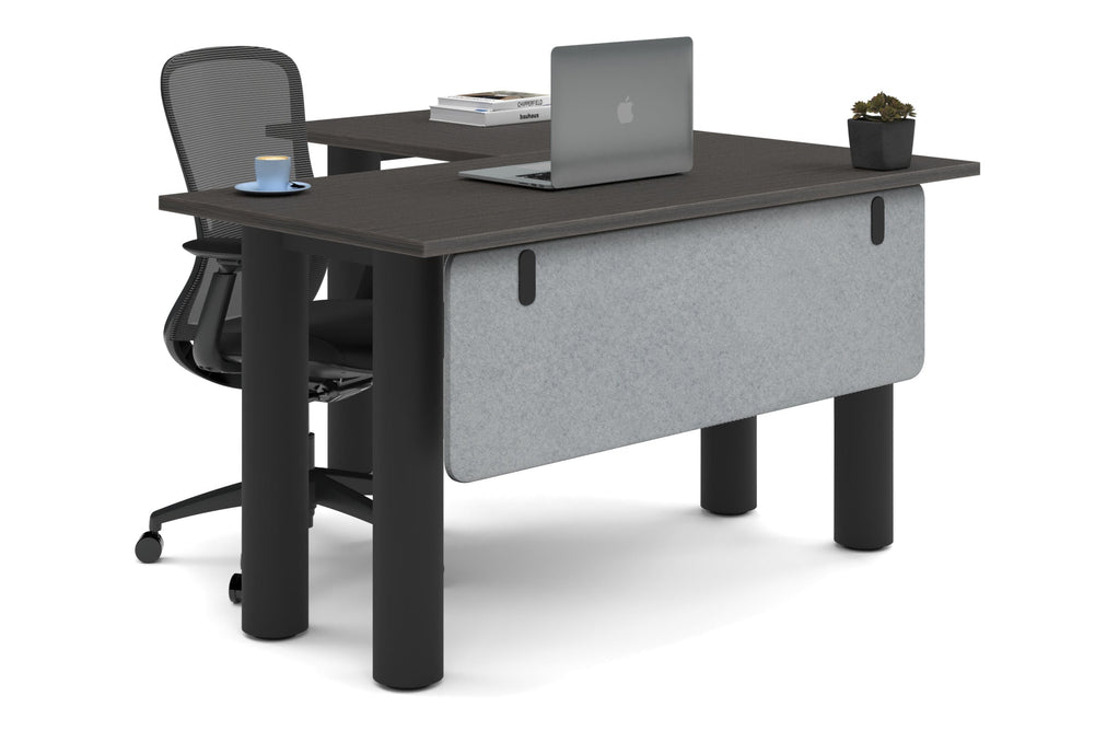 Quadro Cylinder Leg - L Shaped Corner Office Desk  [1400L x 1450W]-black leg dark oak light grey acoustic modesty panel (350H x 1200W)