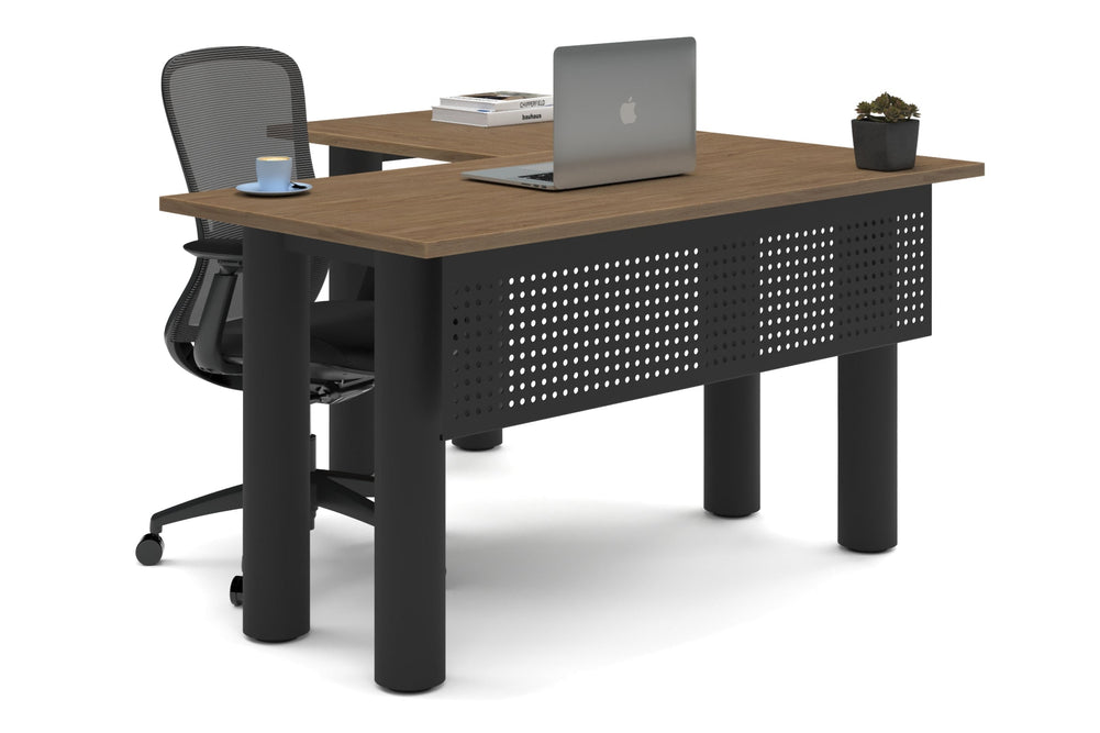 Quadro Cylinder Leg - L Shaped Corner Office Desk  [1400L x 1450W]-black leg salvage oak metal modesty panel