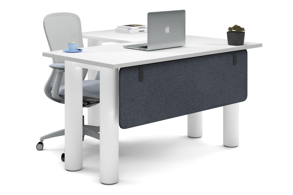Quadro Cylinder Leg - L Shaped Corner Office Desk  [1400L x 1450W]-white leg white dark grey acoustic modesty panel (350H x 1200W)