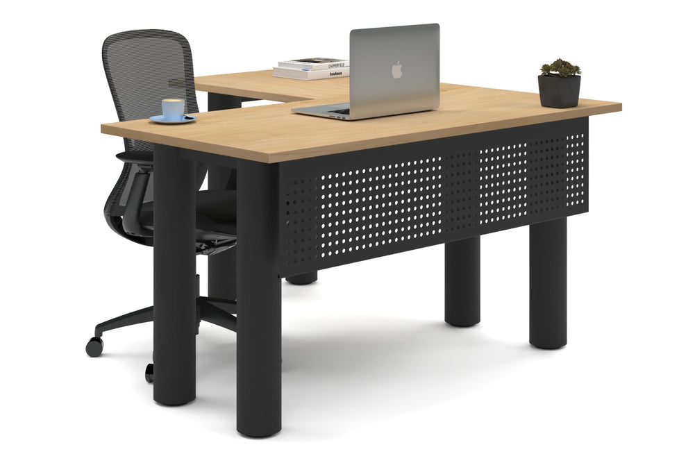 Quadro Cylinder Leg - L Shaped Corner Office Desk  [1400L x 1450W]-black leg maple metal modesty panel