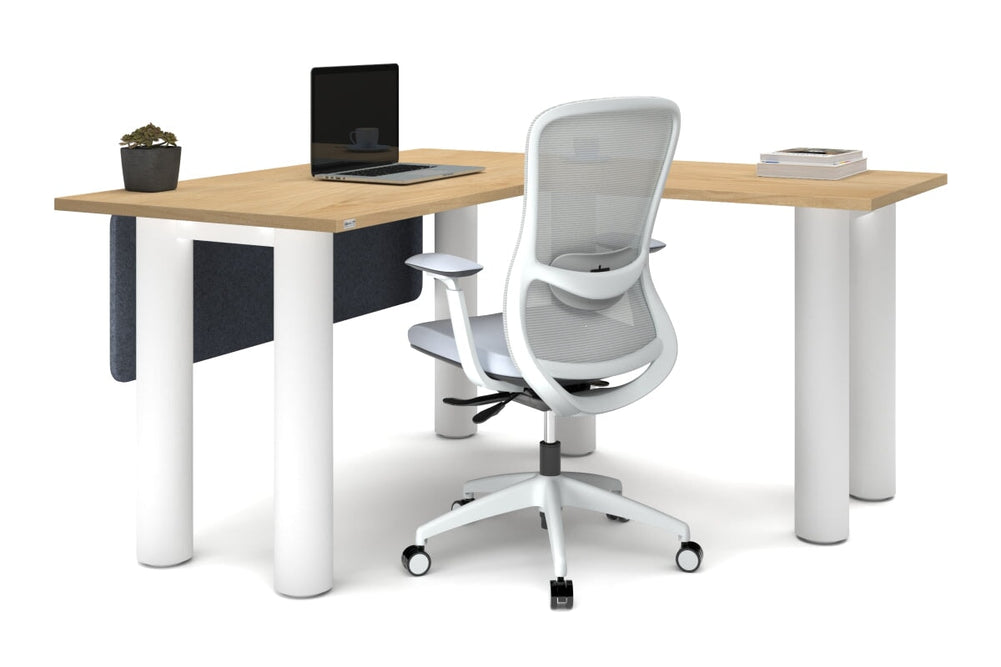 Quadro Cylinder Leg - L Shaped Corner Office Desk  [1400L x 1450W]-black leg dark oak metal modesty panel