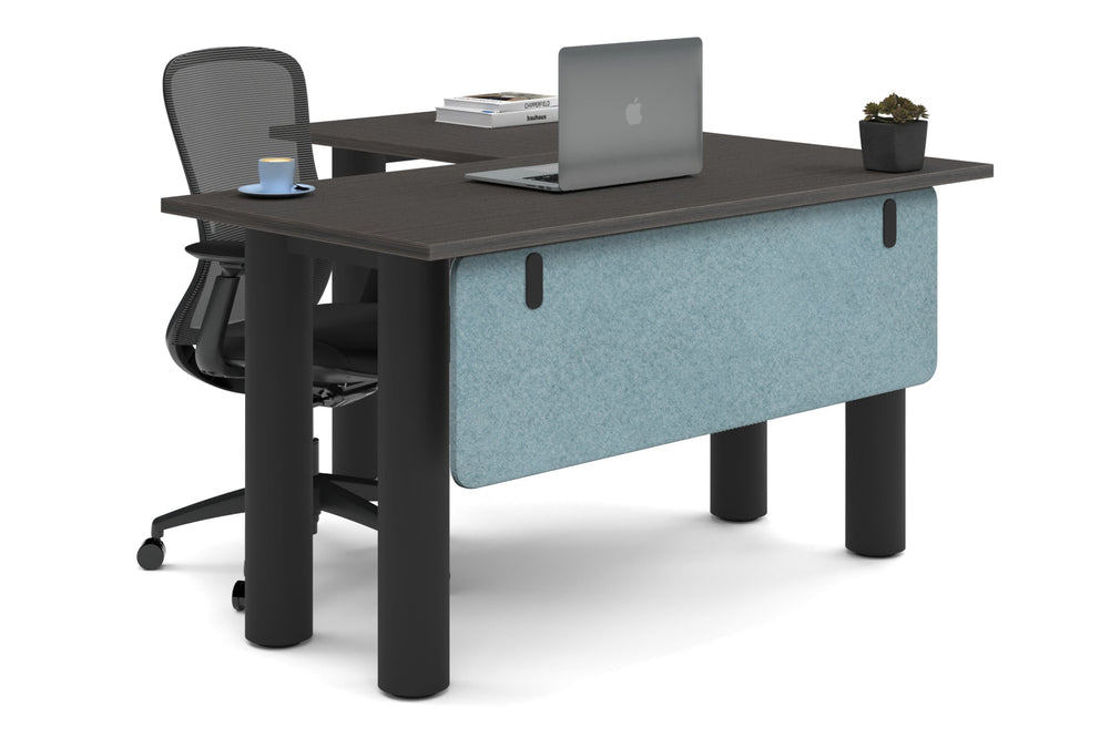 Quadro Cylinder Leg - L Shaped Corner Office Desk  [1400L x 1450W]-black leg dark oak blue acoustic modesty panel (350H x 1200W)