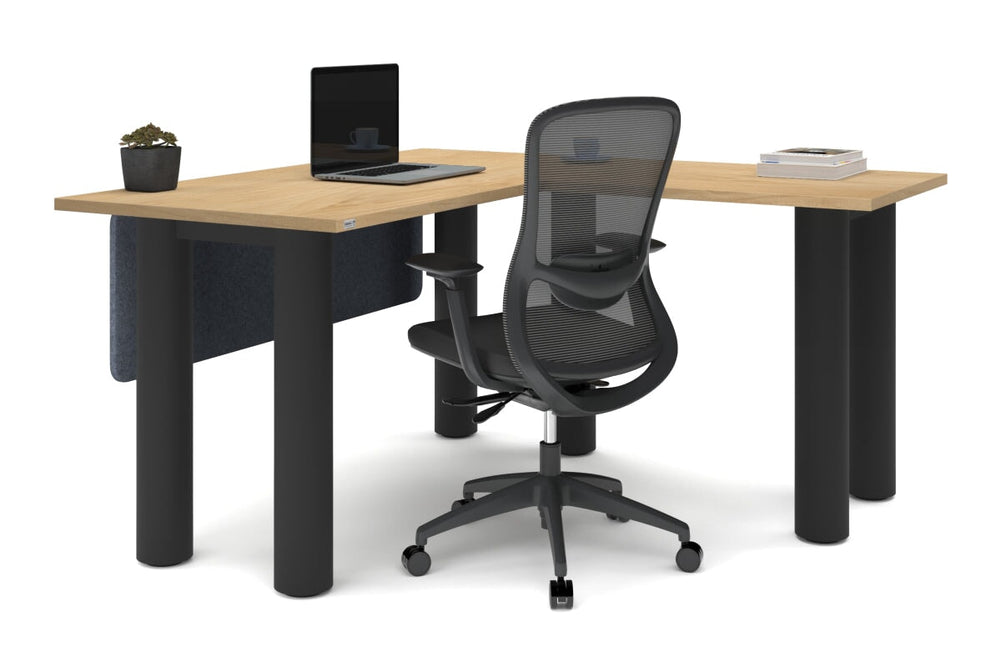 Quadro Cylinder Leg - L Shaped Corner Office Desk  [1400L x 1450W]-black leg dark oak metal modesty panel