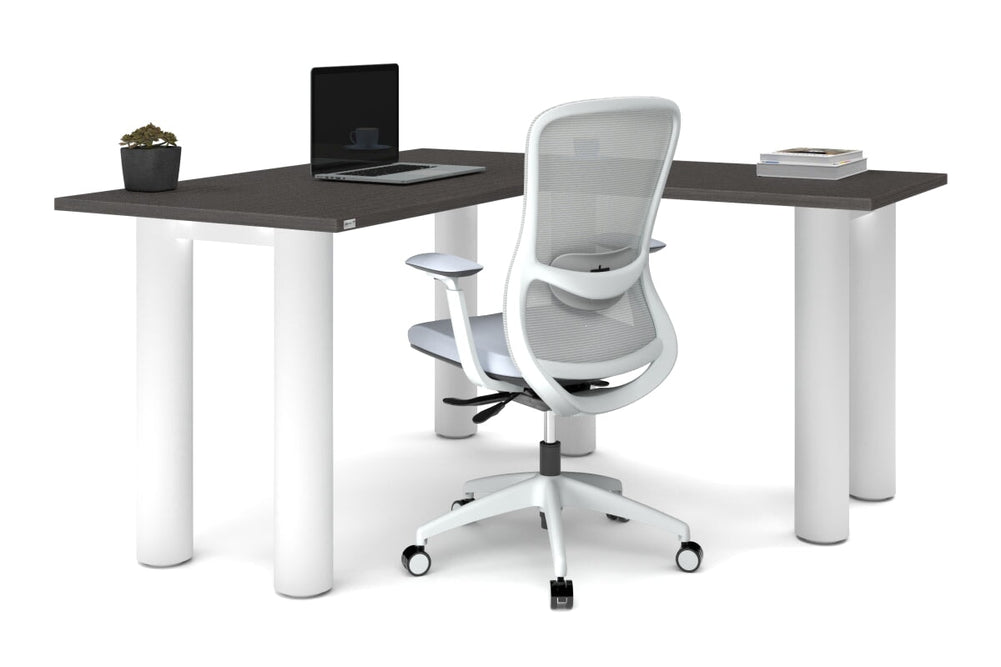 Quadro Cylinder Leg - L Shaped Corner Office Desk  [1400L x 1450W]-black leg dark oak metal modesty panel